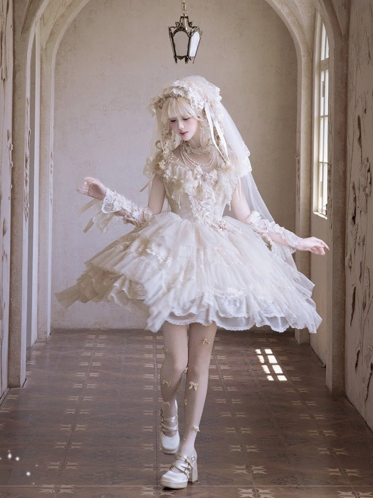 Champagne Illusion Neckline Princess Lolita JSK Dress Set - Sweetheart Macaron Lolita