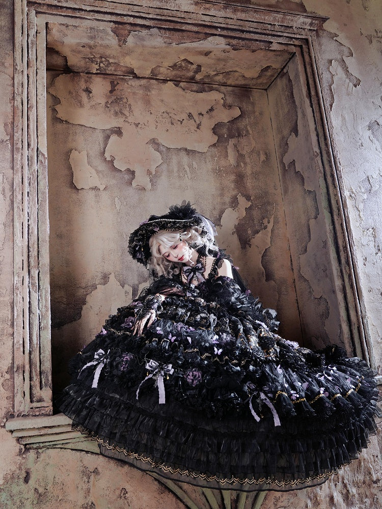 Floor-Length Black & Purple Hanayome Hime Dress with Butterfly and Flower Accents - Cat Fairy Lolita