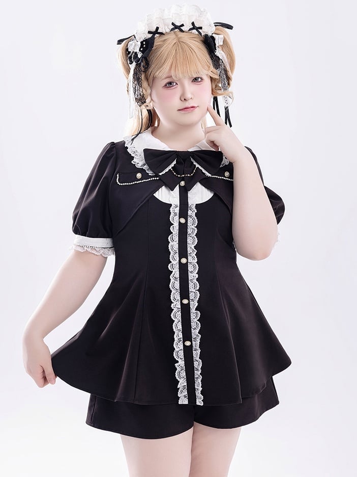 Shorts Bow Sleeve Set: Black Two-Piece Short Kei with Detachable and Jirai Faux Top Brooch