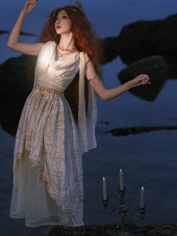 ネックライン ギリシャ風 スカート カウル ゴールド ジャンパー 天体地図 刺繍 ホワイト