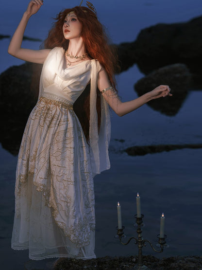 ネックライン ギリシャ風 スカート カウル ゴールド ジャンパー 天体地図 刺繍 ホワイト