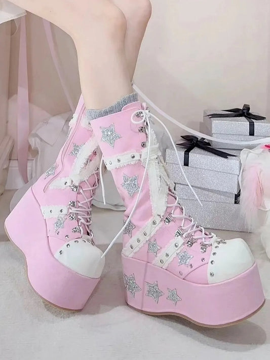 with Star Calf-Length Lace-up Style Appliques Pink Chunky Shining Gyaru Front Platform Boots