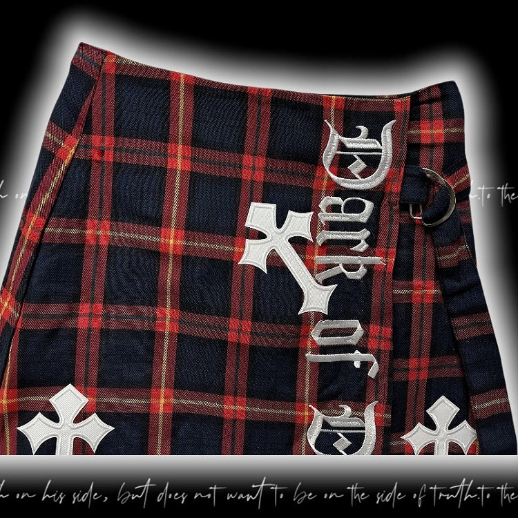 Glamorous Red  Black Plaid Cross Appliques Skirt Y2K