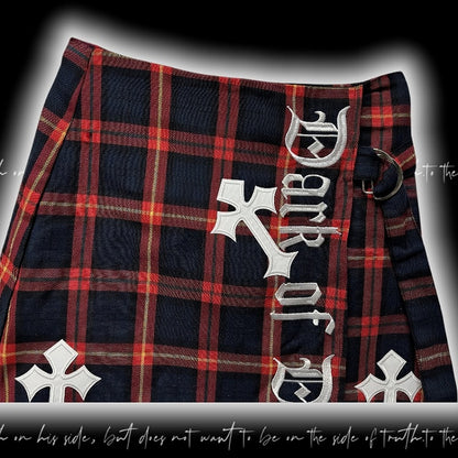 Glamorous Red  Black Plaid Cross Appliques Skirt Y2K