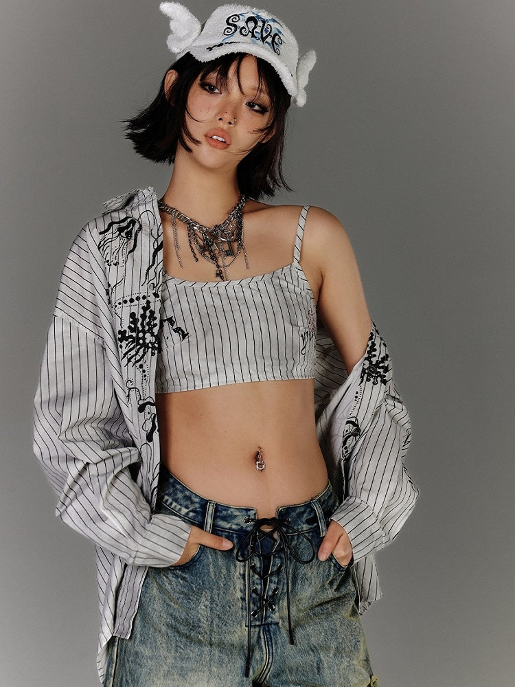 Cami Top Streifen Graffiti Distressed Weiß Schwarz Cropped