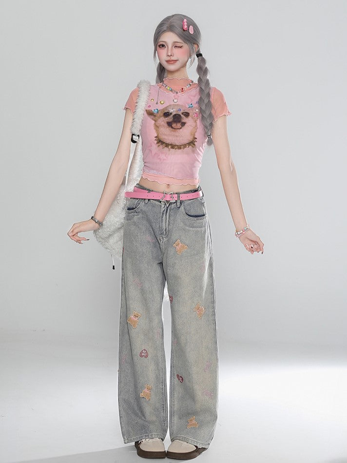 Light Gray Straight-Leg Jeans with Faded Wash and Bear Embroidery