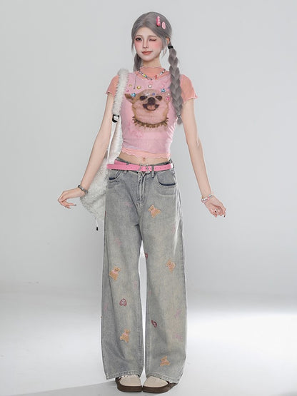 Light Gray Straight-Leg Jeans with Faded Wash and Bear Embroidery