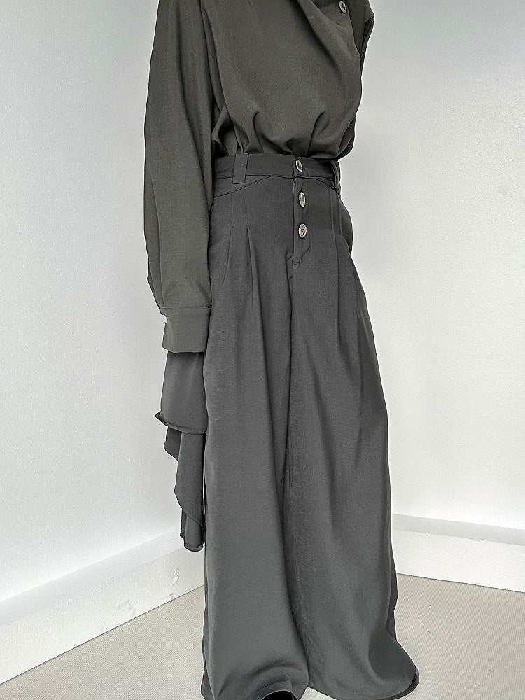 Closure Pockets Grey Ouji Button Slant Pants High-waisted with Lolita