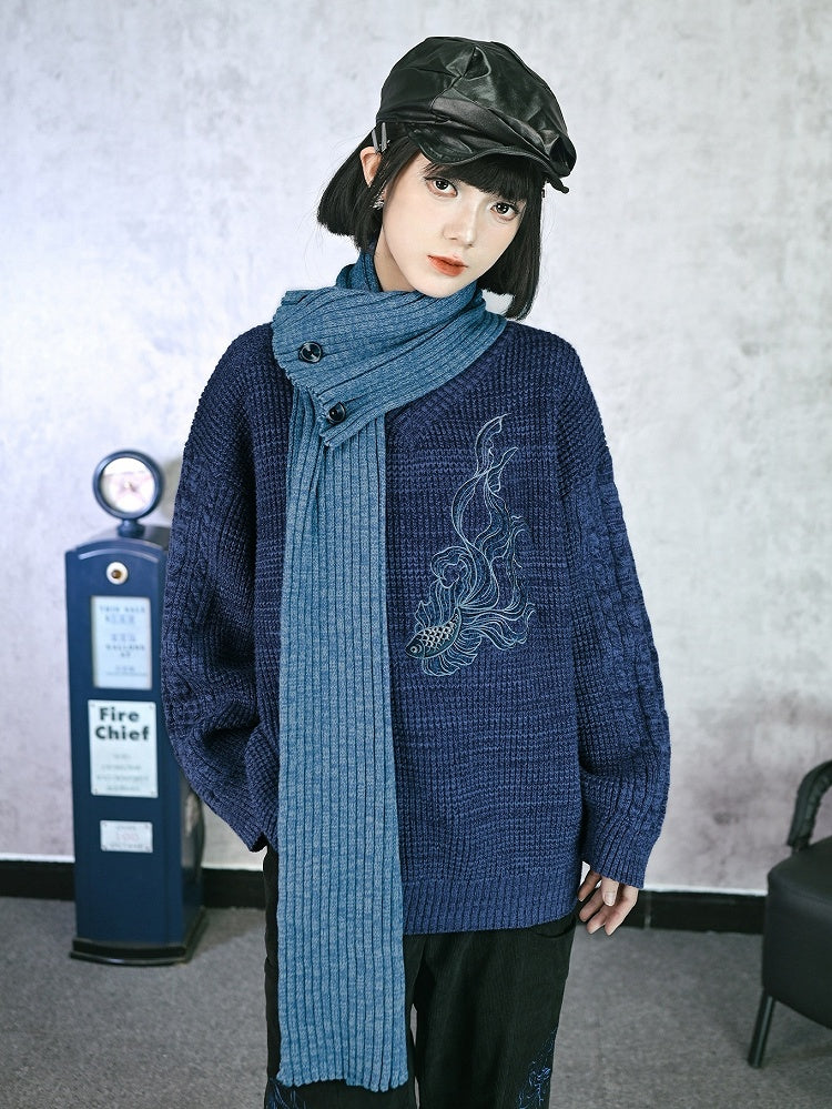 Scarf with Set Embroidery Gothic Goldfish Sweater V-Neck Blue