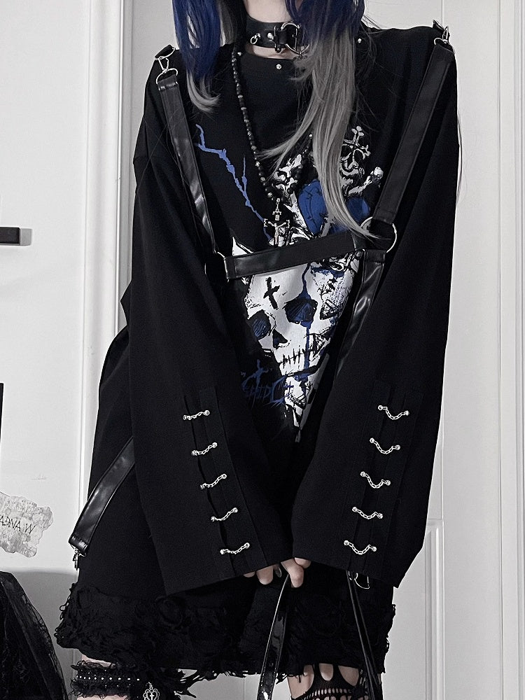 PU Subculture Print Top Heart with Straps Accents Chain Punk Blue Cuff Long-Sleeve Black