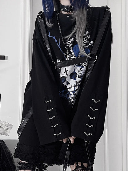 PU Subculture Print Top Heart with Straps Accents Chain Punk Blue Cuff Long-Sleeve Black