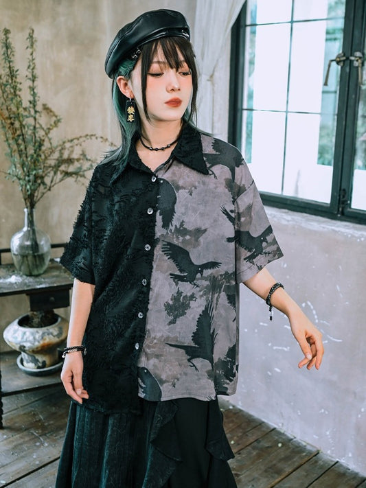 Gothic Crow-Print Asymmetric Shirt in Black & White - Quirky Hut
