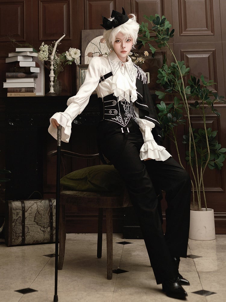 Belt+Black Corset Lolita Pants Pieces Three Prince Shirt+Embroidered Cape Set-One-Shoulder Ouji