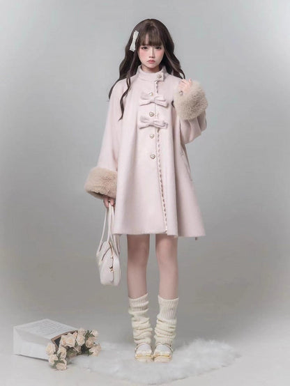 Jirai Manteau en Laine Cœur Nœud à Bouton Style Pur Décor Kei Rose