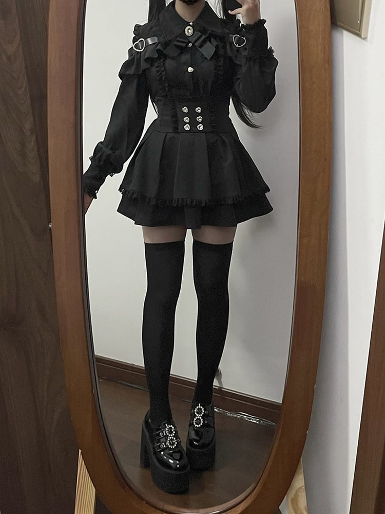 Kei Look Blouse Buckle Cutout Black Shoulder Heart Decorative with | Jirai