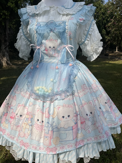 Blue Kitty and Polka Dots Pattern Sweet Lolita Overall Dress
