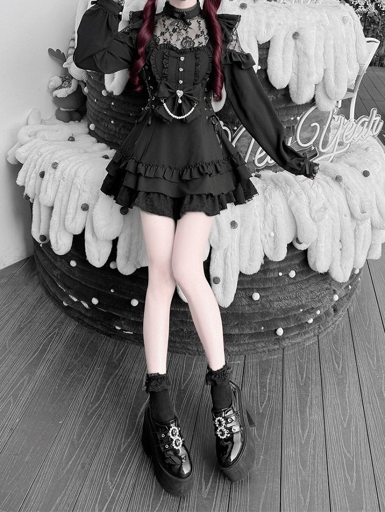 Jirai Kei Black Floral Lace Dress Set with Shorts, Bow Tie, Bead Chain & Hairclips - Jiuniang Cherry