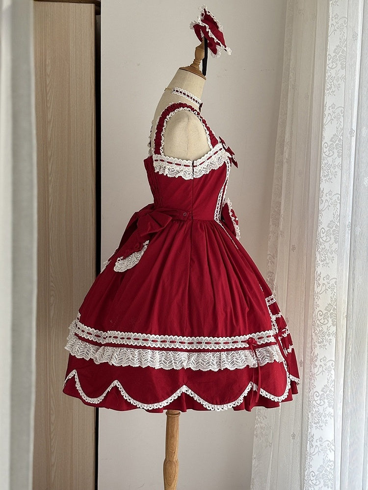Randbesatzrock, alter Pullover, Schule, gewellter Saum, rotes Lolita-Kleid