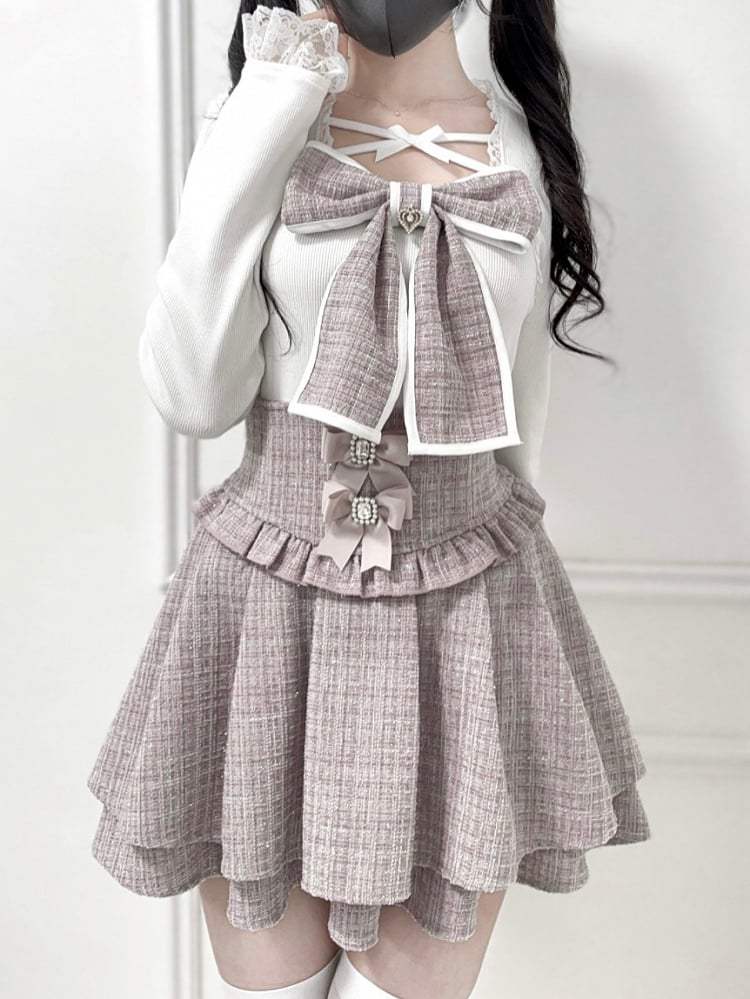 Skirt: Layer Waist with Tweed High Detachable Double Hem Bows Pink Kei Jirai