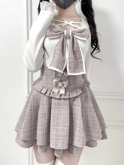 Skirt: Layer Waist with Tweed High Detachable Double Hem Bows Pink Kei Jirai