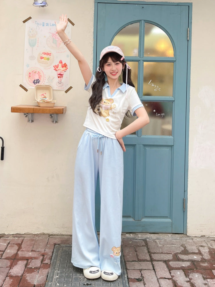 バージョンベアプリント アップル＆ハートボタン Tシャツ Vネック ホワイト ショート