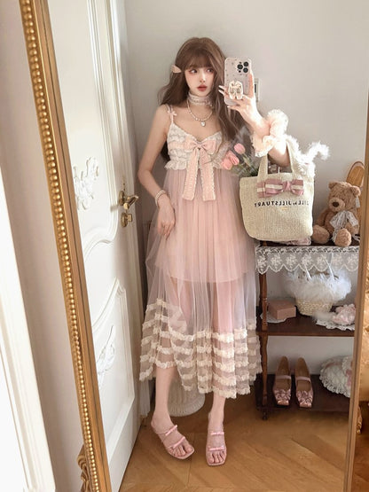 Rosa Länge Slip Spitzenkleid Rüschen Bowknot Tiered Knöchel mit