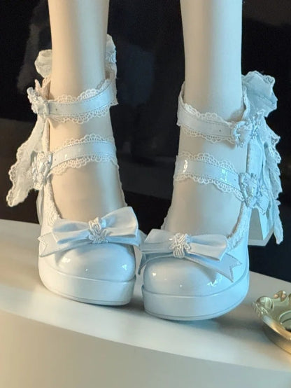 with Design Romantic Clasp in High Heels PU Openwork Lolita Sweet Floral Block Blue Heel