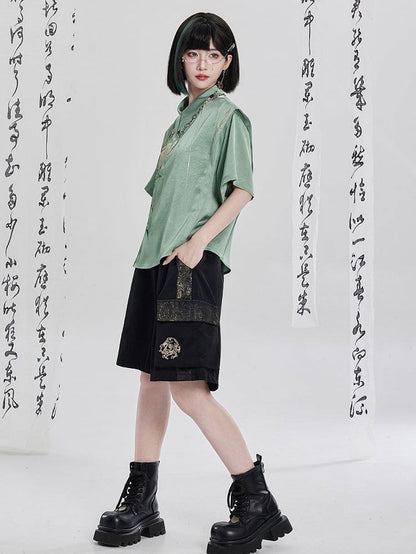 Green Chinese Embroidery Asymmetrical Short-Sleeve Shirt - Qing Tang Original