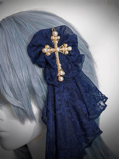Hairclip Beaded Dark / Rhinestone Black Lace Blue with Cross