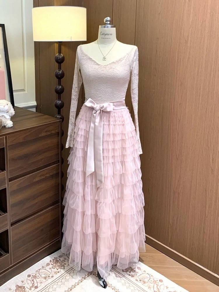 Tiered (Fleece-Lined) Lace Vintage Cake Off-Shoulder French Dress