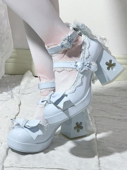 with Design Romantic Clasp in High Heels PU Openwork Lolita Sweet Floral Block Blue Heel