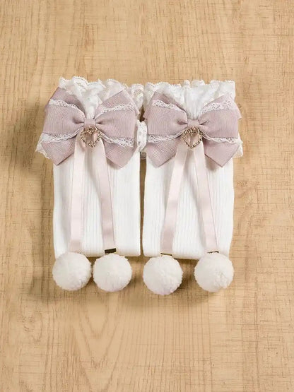 ジライケイ ポンポンディテール レースカフス 蝶結び オーバーニーストッキング