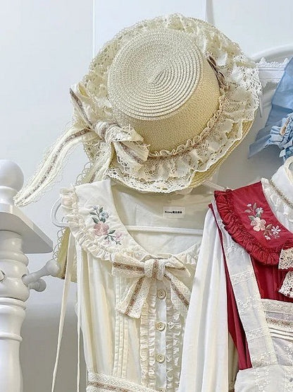Straw Hat Wide-Brimmed Beige/Brown Lace Lolita Trim with