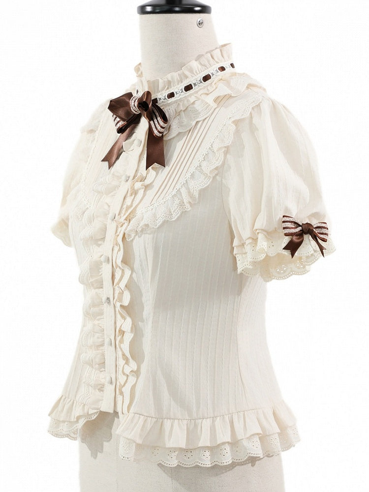 Beige Brown Bow Short-Sleeve Shirt with Ruffle Trim - Twin Bear Original Design