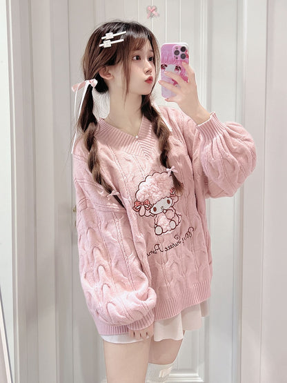 Pink V-Neck Sweater with Sweet Piano Motif