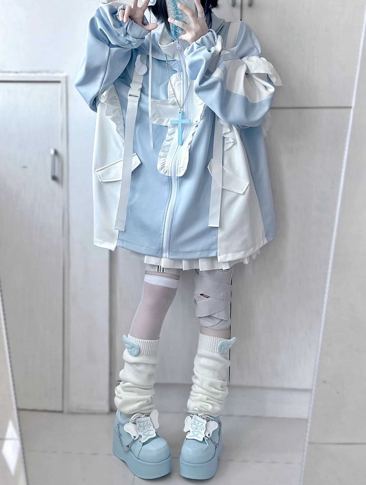 Tenshi Kaiwai Light Blue Yami Kawaii Cross Cat Ear Hoodie Shorts Leg Warmers Set