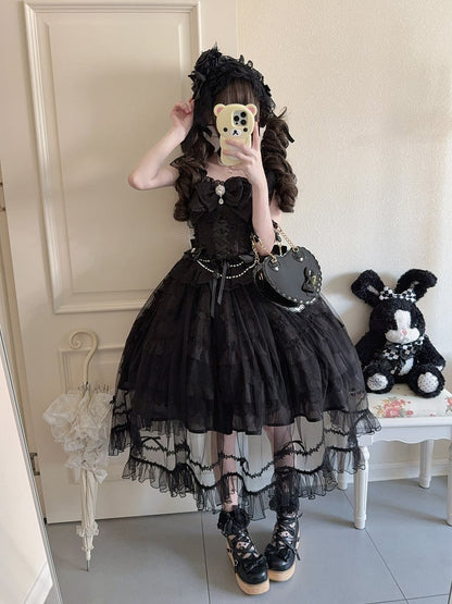 Dress Bows Hanayome-Style Multi-Layer + Overlay Lolita Apricot Full JSK Gentle Details / Rhinestone Set Lace with