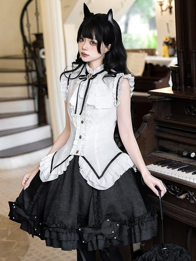 Vintage Elegant Sleeveless Lolita Top & Bow Pearl Accent Skirt Outfit in Black & White - Xiong Dou Jiang