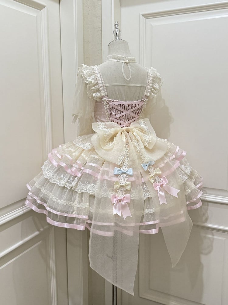 Korsett mit Prinzessinnen-Taille, rosa Tüll, mit großem Rückenrock, JSK, mehrlagige Schleife, Lolita