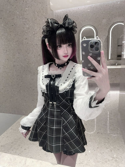 Kei Plaid Set: Matching Black Tie Jirai Shorts with Mini Dress Two-Piece Collar Beaded Waist / Side