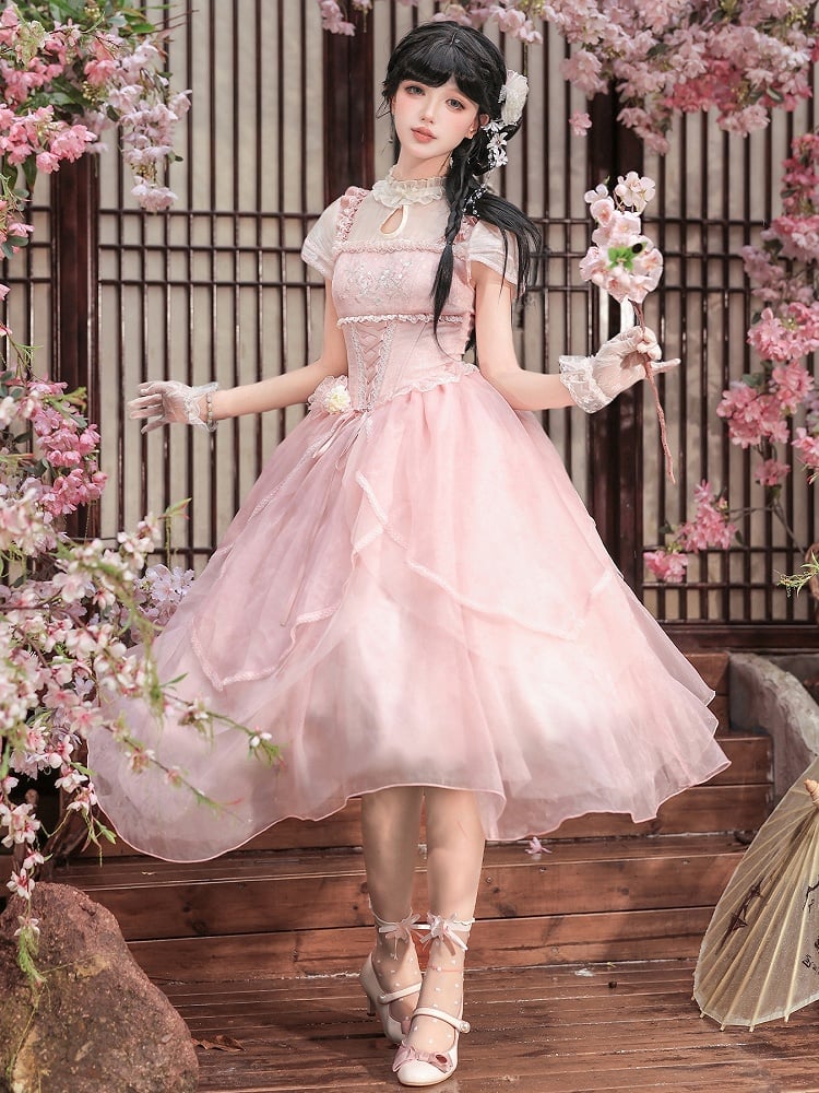 Pink Peach Blossom Chinoiserie Lolita OP Dress & Hairclips Set - With PUJI