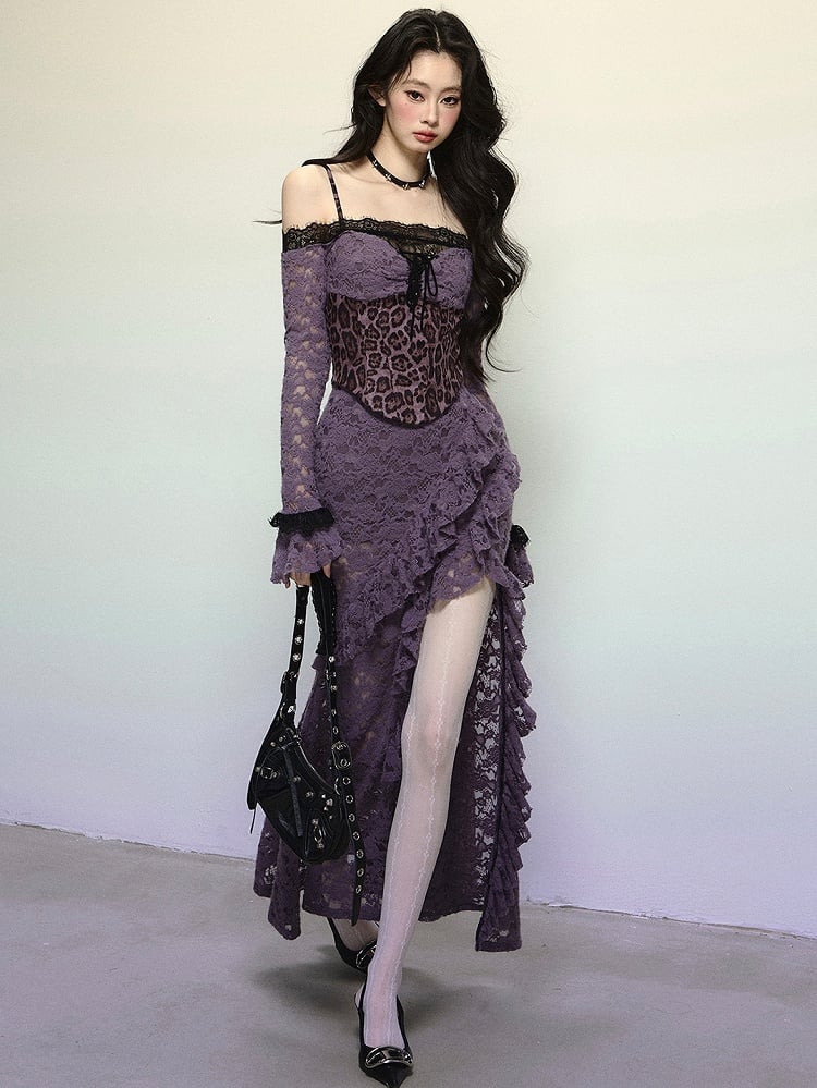 Purple Leopard Corset Bodice High Slit Flounce Hem Mermaid Skirt Off Shoulder Lace Dress Evening Gown