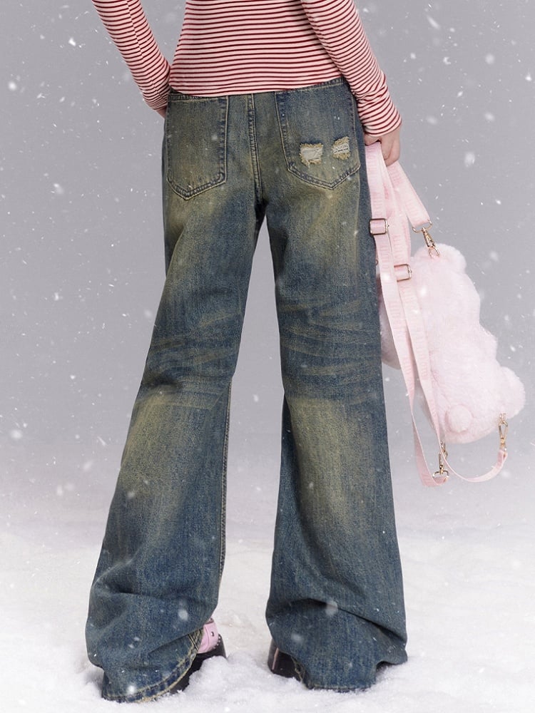 Blue Bunny Plushies Adorned Cats Graffiti Wide-leg Cut Jeans