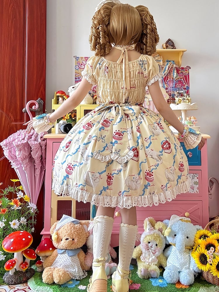 Smocked Cream One Lolita Bows Sweet and Piece Kitty Yellow Elastic Print Bodice