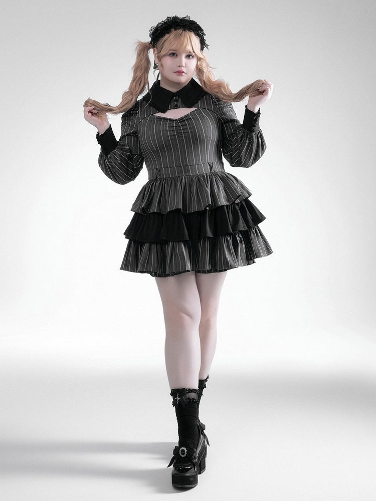 Black Gray Jirai Kei Striped Collared Tiered Ruffle Dress Set - Fluffy Heart