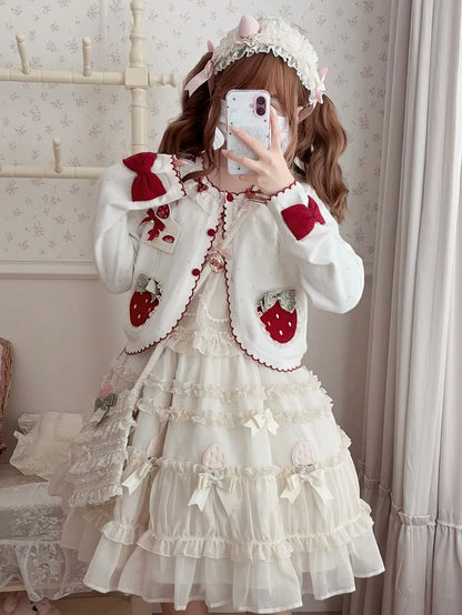 ホワイトの長袖ストロベリーアップリケカーディガン