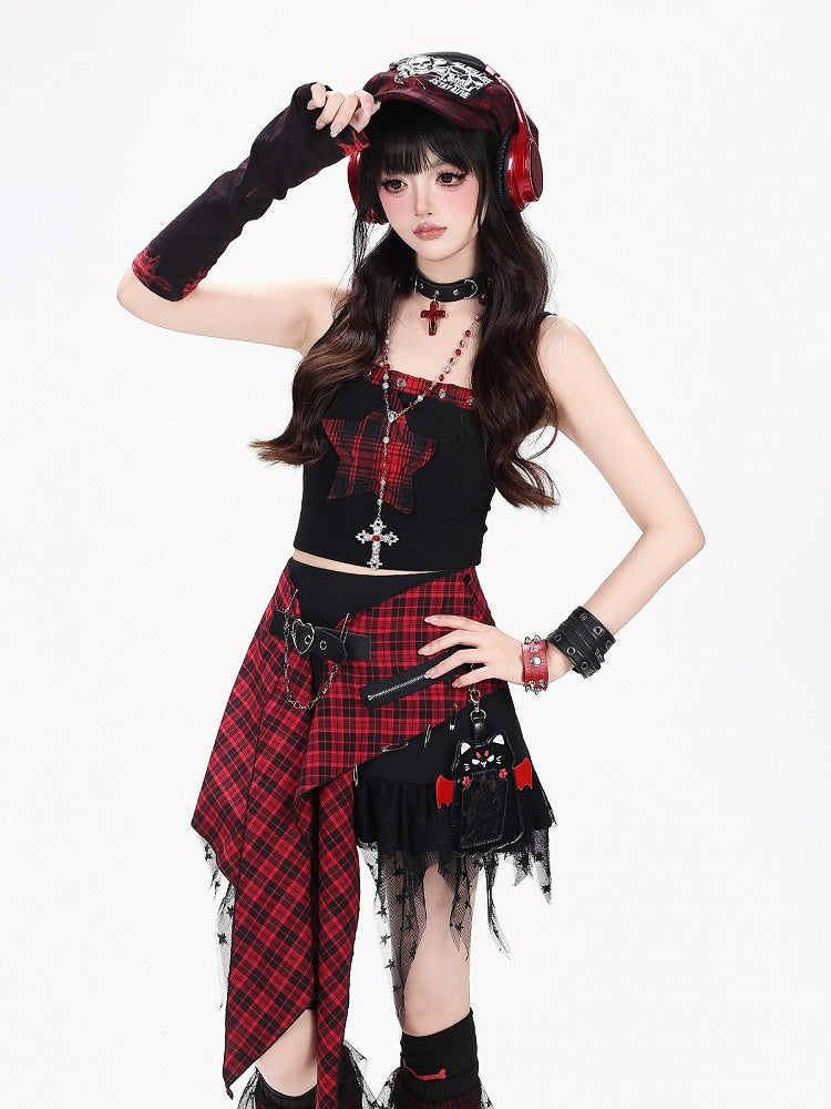 Red Black Plaid Asymmetric Skirt with Buckle - CRAZY GIRL