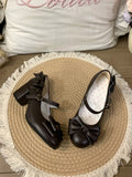 Mid-heel Brown Mary Janes with Bow Details & Heart Snap