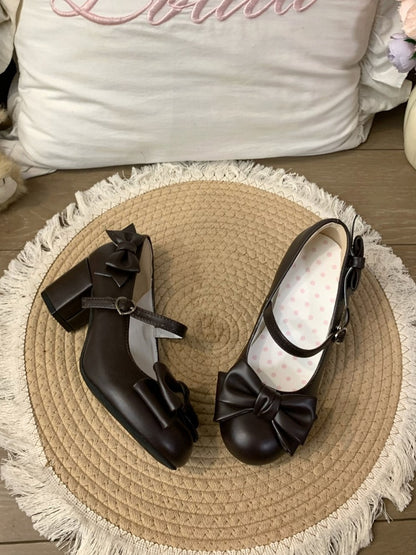 Mid-heel Brown Mary Janes with Bow Details & Heart Snap