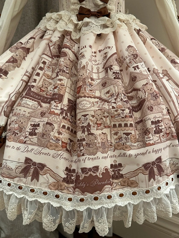 Sweet Brown Little Dress Lace Lolita Bear JSK Flutter with Sleeves Print Beige Details Workshop